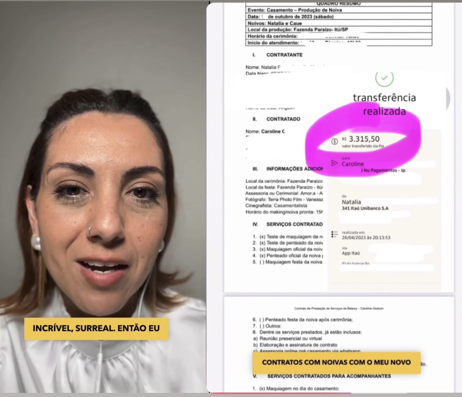 Carol Giobom mostrando contrato de noiva e transferência de R$3.315,50 via Pix